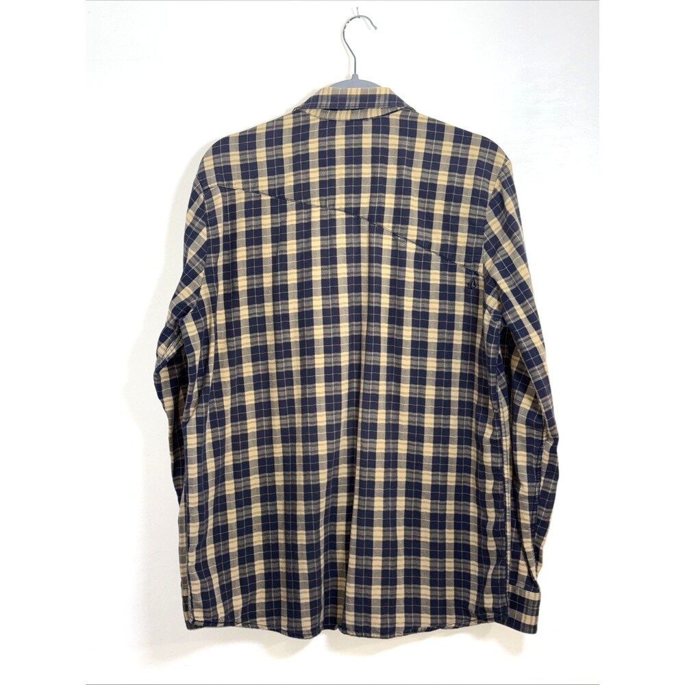 Volcom Cotton Shirt Mens Plaid Modern Fit Button Up Pocket Large Yellow & Blue - Picture 2 of 11